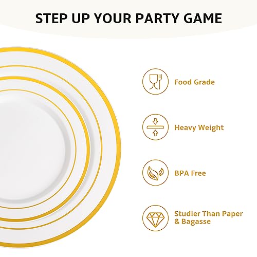 AOZITA Gold Rim 200pcs Heavy Duty Disposable Plates Set - 100 Dinner + 100 Salad Plates