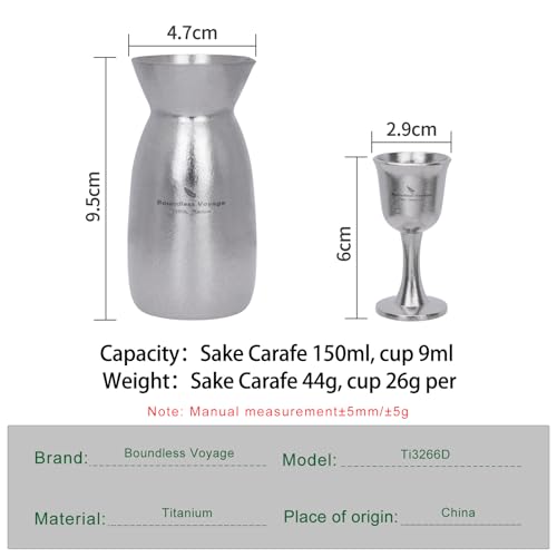 Boundless Voyage Titanium Sake Set 3 Pieces - 150ml Carafe & Cups for Japanese Wine, Outdoor & Travel Drinkware