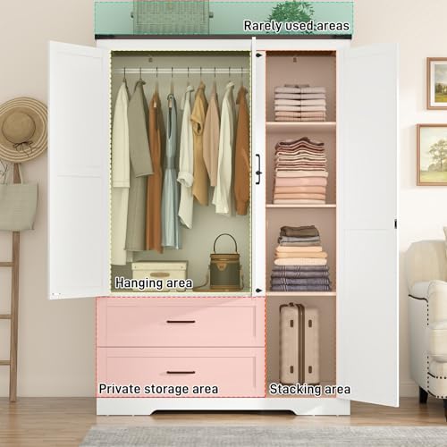Farmhouse Wooden Wardrobe Armoire with 3 Doors and 2 Drawers, 70.1-Inch