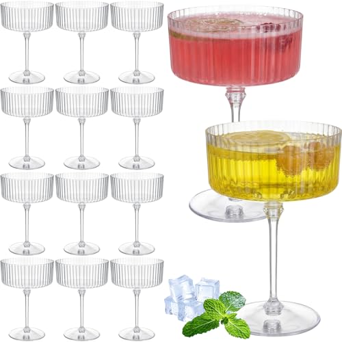 12 Pcs 10 oz Plastic Ribbed Martini Glasses, Disposable Coupe Cocktail Cups