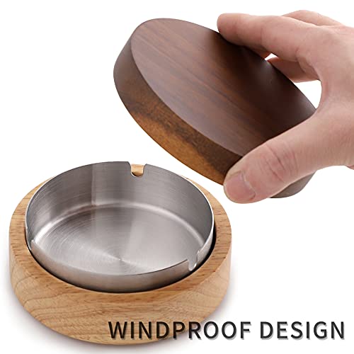 Wooden Ashtray with Lid and Stainless Steel Liner for Indoor and Outdoor Use