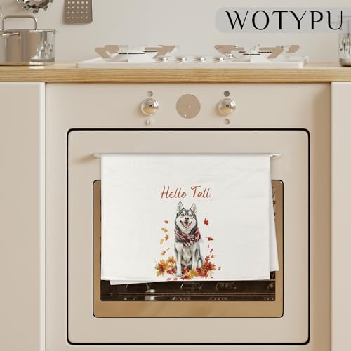 WOTYPU Husky-3 Fall Kitchen Towels, Dog & Maple Leaf Design, 16x24 Inch