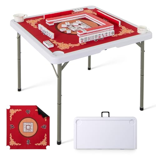 35-Inch Folding Mahjong Table with Cup Holders and Noise Reduction Mat