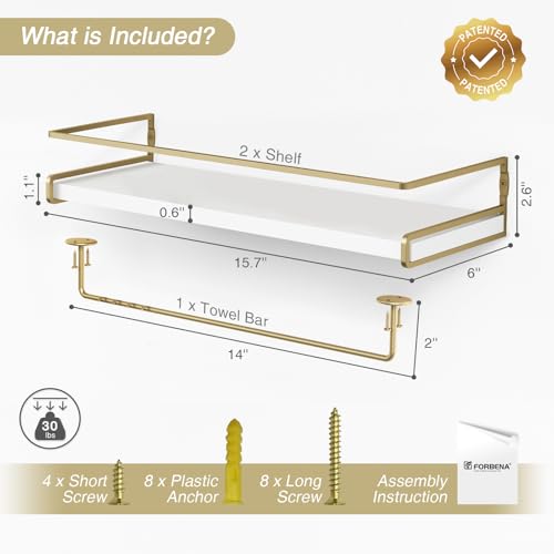 Floating Bathroom Shelves with Towel Bar, Set of 2 White and Gold Wall Shelves