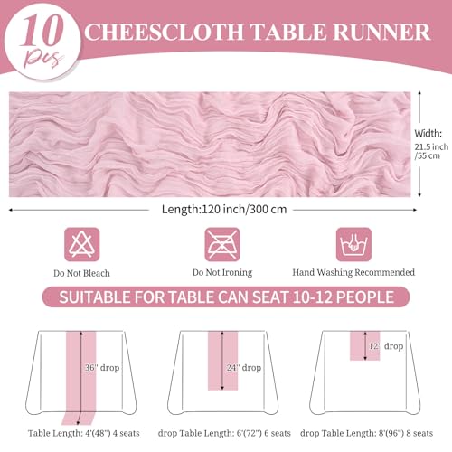 Light Pink 10 Pack Cheesecloth Table Runner 20x120in - Rustic Boho 10ft Party Wedding Décor