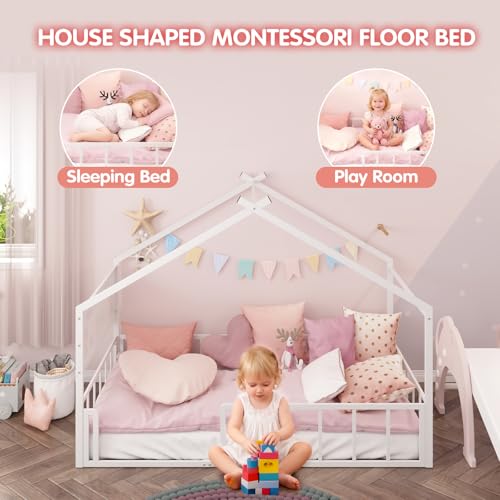 Twin Size Montessori House Bed Frame with Pegboard and Safety Guardrails