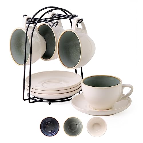 SIDUCAL 8oz Green Reactive Glazed Ceramic Cappuccino Cups Set of 4
