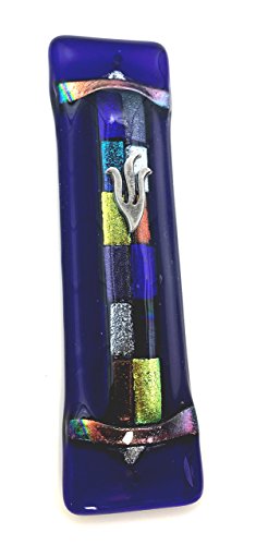 Twelve Tribes Mezuzah Case - Midnight Blue Fused Art Glass, 5.25 Inches
