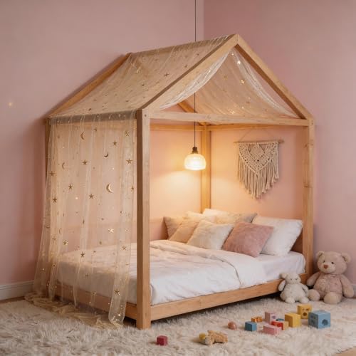 Sheer Star and Moon Canopy Bed Curtains for Kids Montessori and Twin Beds