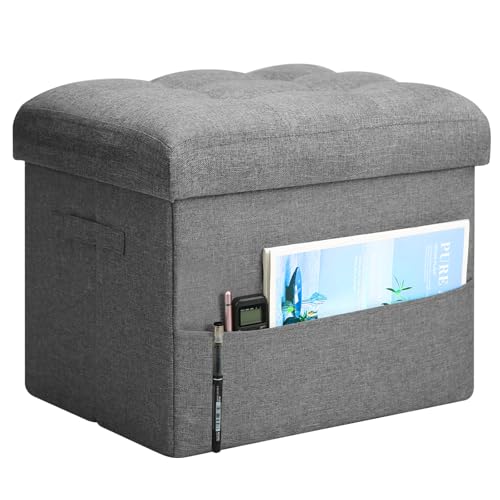 17-Inch Folding Storage Ottoman with Side Pocket, Dark Gray Linen Footstool