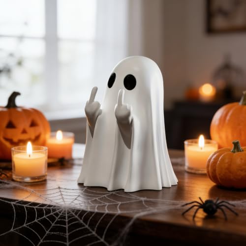 Ceramic Halloween Ghost Figurine with Bat Balloon Cute Spooky Home Decor