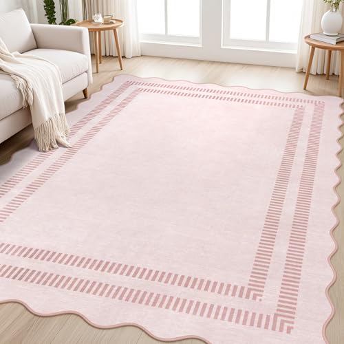 5x7 Washable Pink Area Rug, Non-Slip Scalloped Vintage Rug for Bedroom