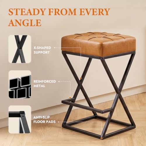 VATROS Walnut Counter Height Bar Stools Set of 2 - Faux Leather, 26 Inch, Backless