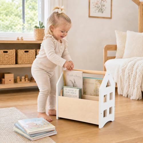 Wooden Kids Bookshelf with Handle - Montessori Toddler Book Storage