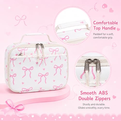Cute Bow Insulated Lunch Bag for Girls & Women, Pink Thermal Tote Bag