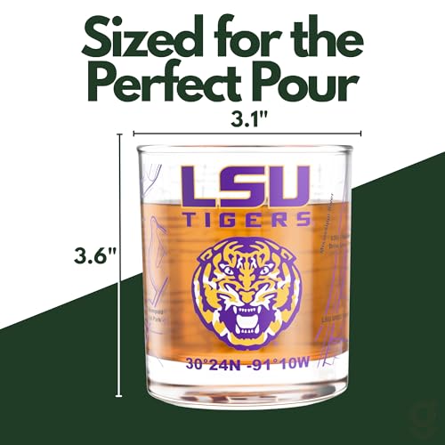 Louisiana State University Tigers Whiskey Glasses Set of 2 - Full-Color Campus Map, 10 oz Rocks Glasses - Officially Licensed Fan Gift