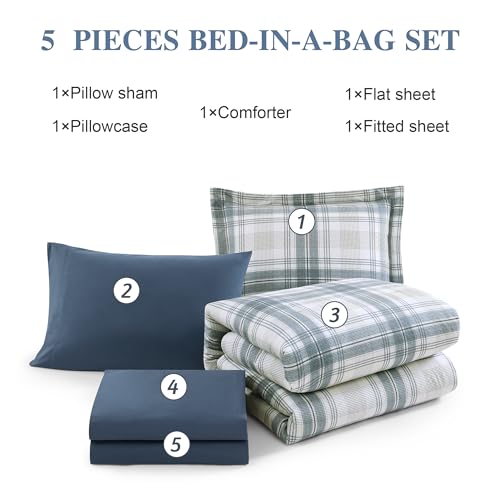 AMBERSPACE Plaid Twin XL Comforter Set, 5-Piece College Dorm Bedding Set