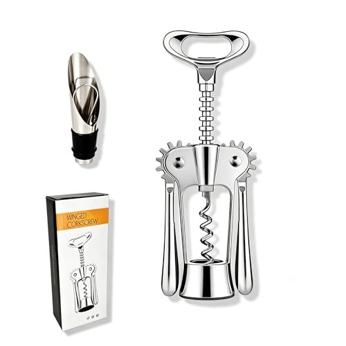 LunaThreads Silver 2-Pack Premium Zinc Alloy Lever Corkscrew Set with Wine Pourer & Vacuum Stopper