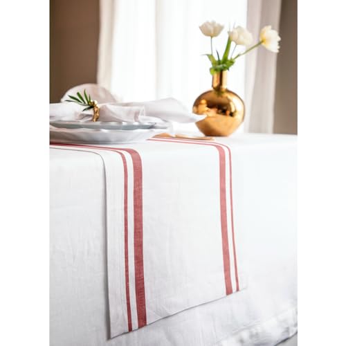Solino Home Red & White Stripe Linen Table Runner 14 x 120 Inches