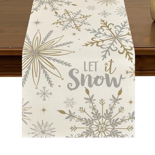 HIUCUS Let It Snow Style B 13x72 Inch Linen Table Runner - Beige Snowflake Seasonal Decor