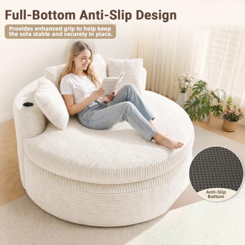Oversized Round Corduroy Chaise Lounge Chair with 3 Pillows, Beige