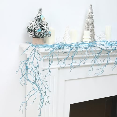 Suncalla 6 ft Teal Glittered Coral Branch Garland - Coastal Christmas Decor