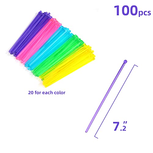 Multicolor 100 Pcs Plastic Cocktail & Cake Pop Stirrers - Safe, Disposable, 7.24 Inch