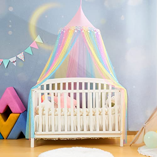 Rainbow Bed Canopy for Girls - Glitter Star & Moon Princess Bed Curtain