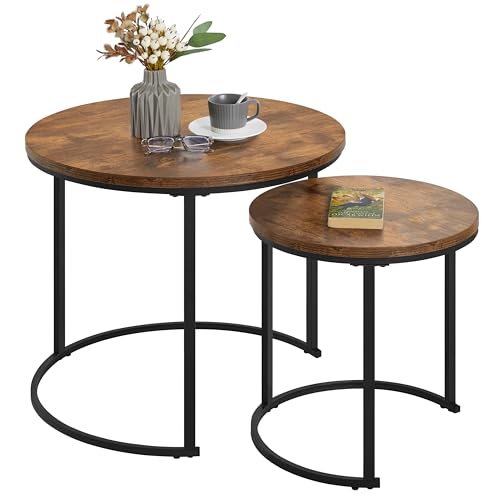Round Nesting Coffee Table Set of 2, Rustic Brown Industrial Side Tables