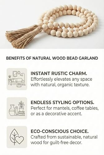 58-Inch Wood Bead Garland with Jute Tassels, Boho Farmhouse Table Decor