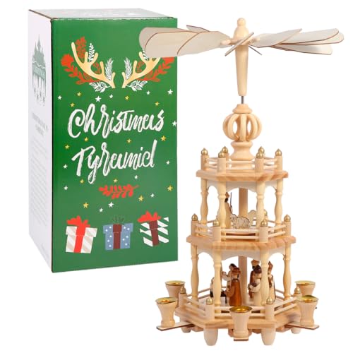 18-Inch Wooden Christmas Pyramid - 3-Tier Nativity Scene Candle Carousel
