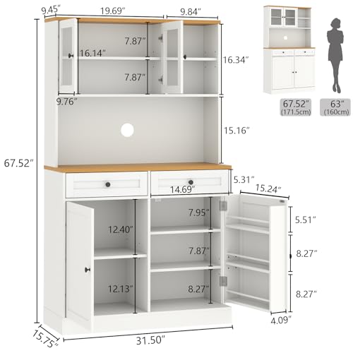 Tall Kitchen Pantry Cabinet with Microwave Stand and Glass Doors
