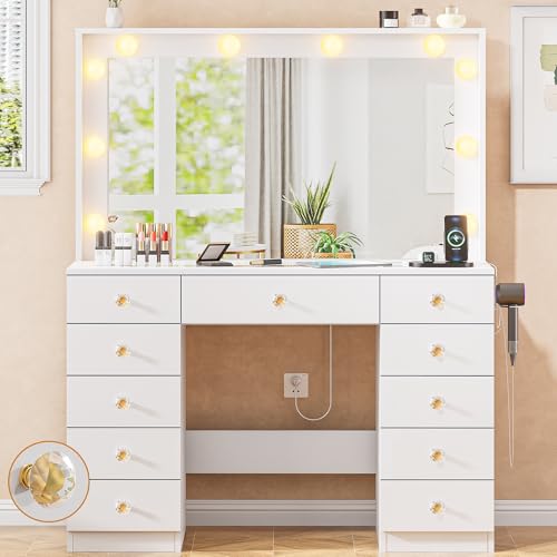 Vanity Desk with Large Lighted Mirror, 11 Drawers and Power Outlet