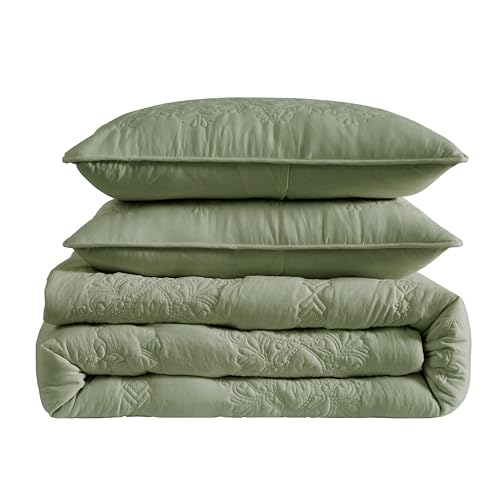 Sage Green Boho Quilt Set Queen Size - 3 Piece Floral Bedspread Coverlet