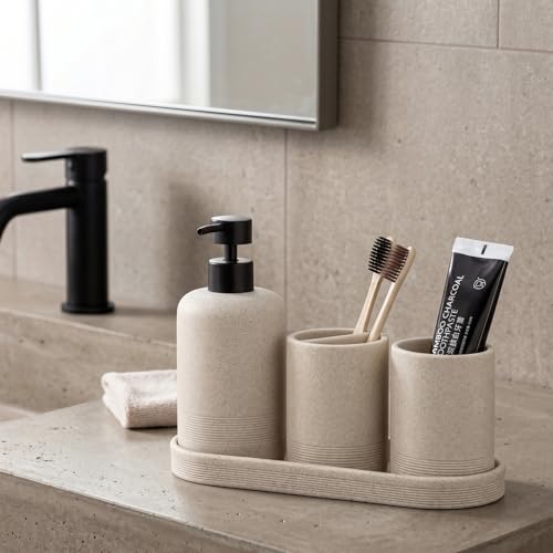 4-Piece Modern Resin Bathroom Accessory Set, Beige Sandstone Look