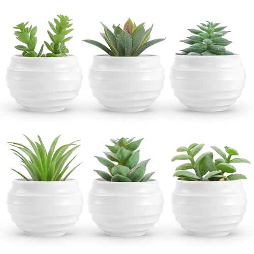 Mini Artificial Succulents Set of 6 - Small Faux Potted Plants for Home Decor