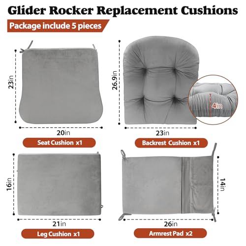 5-Piece Glider Rocker Cushion Set with Storage Pockets, Grey Flannel