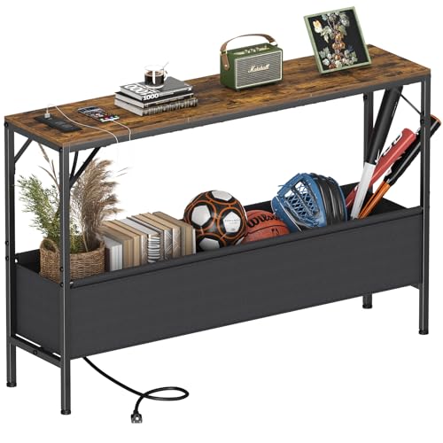 47.2" Narrow Console Table with Power Outlets and Storage Basket