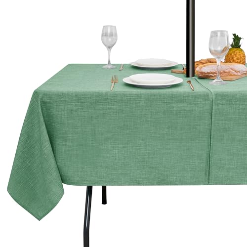 LUSHVIDA Outdoor Tablecloth with Umbrella Hole - Patio Table Cloth Zippered Rectangle 60x120 Inch, Sage Green Linen-Look Polyester Table Cover Water Resistant for Picnic Outside