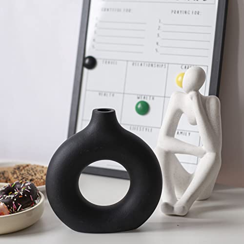 Black Donut Ceramic Vase - Minimalist Hollow Flower Vase for Home Decor