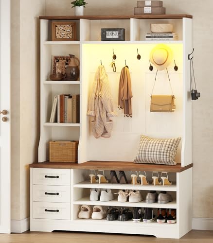 Farmhouse Hall Tree with Bench, Storage Drawers, LED Lights, and Coat Hooks