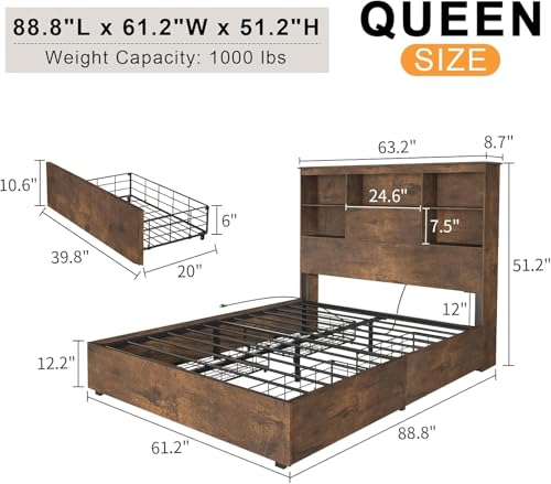 5-Piece Rustic Queen Bedroom Set with LED Platform Bed and Dressers