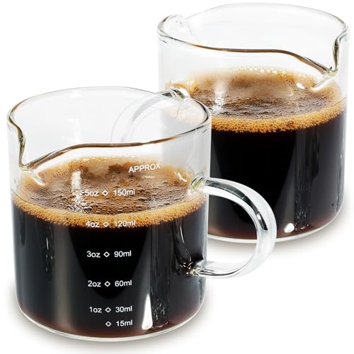 QUMMFA 5 OZ Espresso Cups Set with Double Spouts & Handle, Heat-Resistant Borosilicate Glass, Small Cappuccino Cups for Coffee Bar - 2 Pack