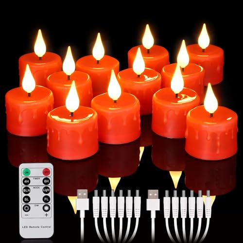 yunsheng 12PCS Red Rechargeable Flameless Tea Lights with Remote & Timer