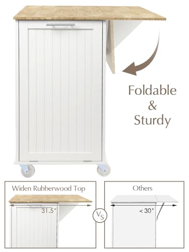 Rolling Kitchen Island with Drop Leaf, Trash Can Storage and Rubberwood Top