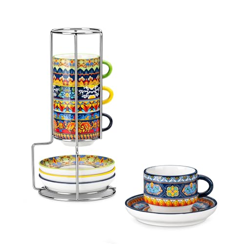 Vancasso Boho 2.5 Oz Espresso Cups Set of 4 with Stand - Colorful Mediterranean Design
