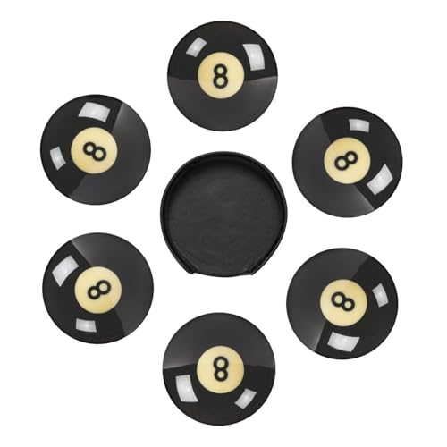 Sunwarshile Black 8 Billiard Leather Coaster Set with Holder, Round Drink Mats for Home & Bar