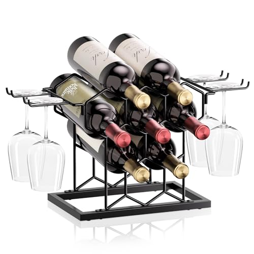 B4Life Black Countertop Wine Rack with Glass Holder - Holds 8 Bottles