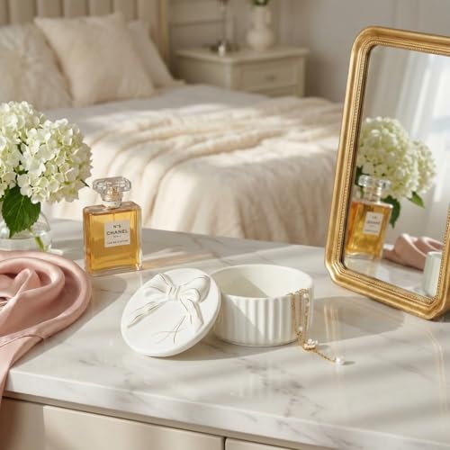 Collective Home Ceramic Jewelry Box with Bow - Nightstand Vanity Decor (A)