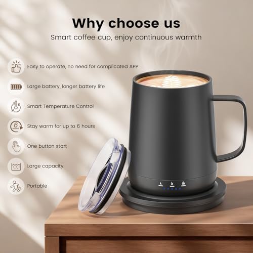Fexqic Black Smart Self-Heating Coffee Mug 14oz with Temperature Control